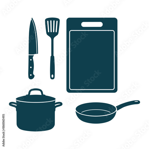 Cooking utensils vector illustration set with kitchen tools and cookware items