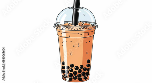 Boba Milk Tea with Black Tapioca Pearls Whipped Cream and Striped Straw in Plastic Cup