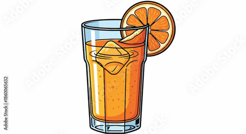 Glass of Fresh Orange Juice with Ice Cubes and Orange Slice Garnish Isolated on White