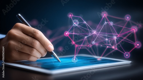 A hand interacts with a digital tablet displaying a complex network of interconnected nodes, symbolizing data analysis and technological innovation in a futuristic style.