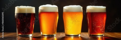 Four beer glasses, dark to light, frothy heads , foam, beer