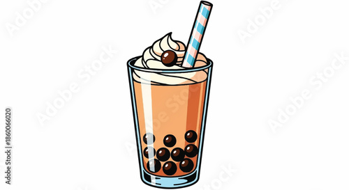 Refreshing Boba Milk Tea with Black Tapioca Pearls Whipped Cream and Striped Blue Straw in Glass
