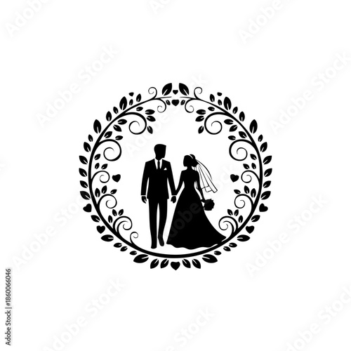 Silhouette of a bride and groom in a floral wreath