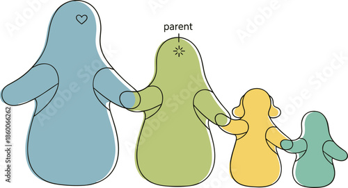 Abstract vector illustration of stylized family characters holding hands, featuring a labeled parent figure representing guidance, mentorship, and familial love.