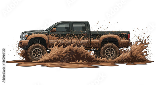 Powerful Black Pickup Truck Driving Through Deep Muddy Water Splashing Dirt in Off-road Adventure Trail