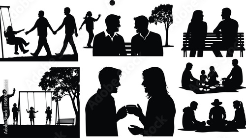 Diverse family silhouette icon collection and domestic home interior scene with parents working, cleaning, and outdoor nature park family activities.