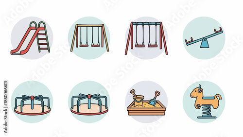 Collection of playground equipment icons for children.
