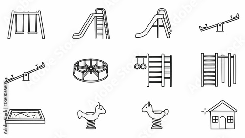 Collection of playground equipment icons in a simple line drawing style.