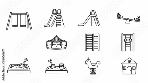 Collection of playground equipment icons in a simple line drawing style.