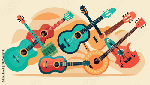 Vibrant Flat Art Illustration of Diverse Stringed Instruments and Guitars