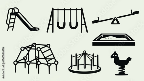 Collection of playground equipment icons in black and white.