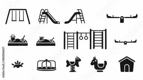 Collection of playground equipment icons in silhouette style.
