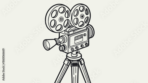 Vintage Film Movie Camera on Tripod Professional Cinematography Illustration