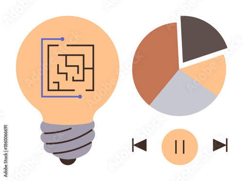 Lightbulb with circuit pattern, pie chart in muted colors, media controls highlighting technology, innovation, data analytics, creativity, strategic planning, digital interfaces, conceptual