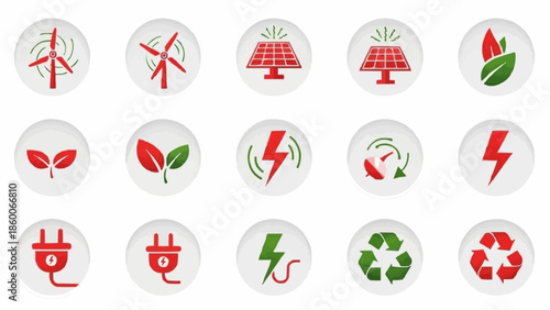 Collection of renewable energy icons and symbols for sustainability.