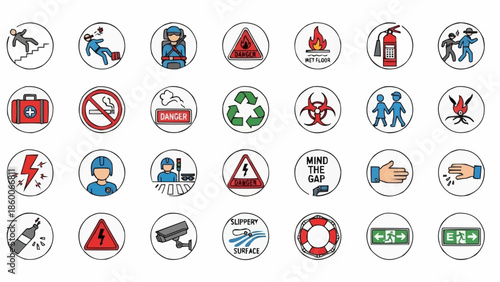 Collection of Safety and Warning Icons in Circles.