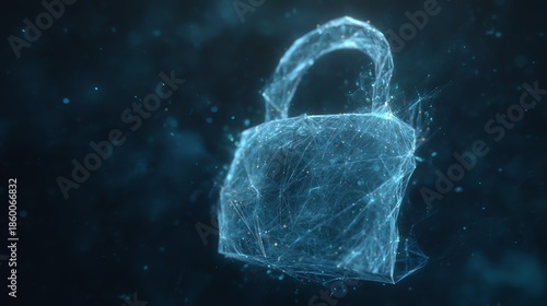 A luminous padlock constructed from interconnected lines and particles floats in a dark, abstract space, symbolizing digital security and data protection with a futuristic aesthetic.