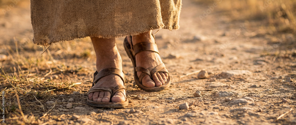 Naklejka premium Walking Feet of Jesus Christ on Dusty Path, Faith Journey Concept