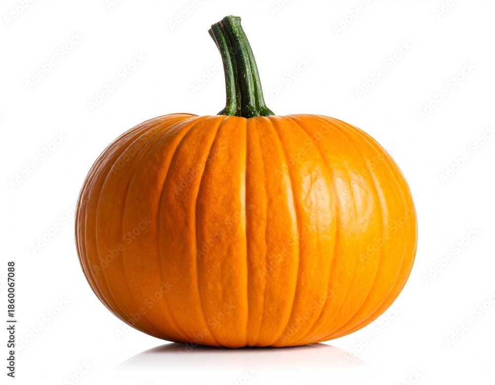 Obraz premium A ripe, orange pumpkin, with green stem, sits against a white background