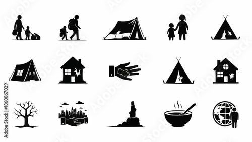 Collection of Silhouette Icons Representing Various Concepts.