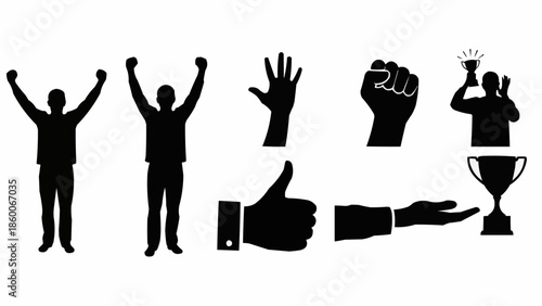 Collection of Silhouette Icons Representing Success and Achievement.