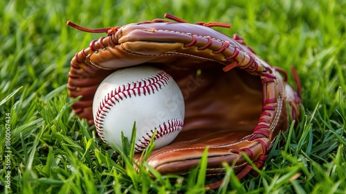 baseball. A white baseball in a brown leather glove on green grass. event programs, museum guides, designed for cultural heritage projects and event programs, supports education.