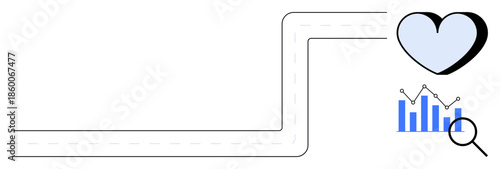 Health research, wellness, analytics tracking, data performance, evaluation, growth. Heart and graph with magnifying glass. Health research and wellness concepts