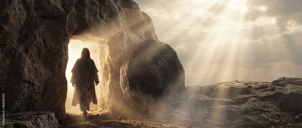 Fototapeta premium Jesus Resurrection Silhouette Leaving Empty Tomb with Heavenly Light Rays