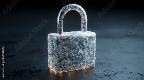 A luminous padlock constructed from intricate, glowing lines appears to float above a reflective surface, symbolizing digital security and the complex networks protecting information.