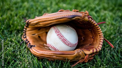 baseball. A white baseball in a brown leather glove on green grass. event programs, museum guides, designed for cultural heritage projects and event programs, supports education.