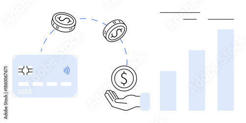 Digital payment system. Digital payment with a card, hand, coins, and growth chart. Digital payment boosts financial transactions, economic growth, and convenience. Perfect for technology banking