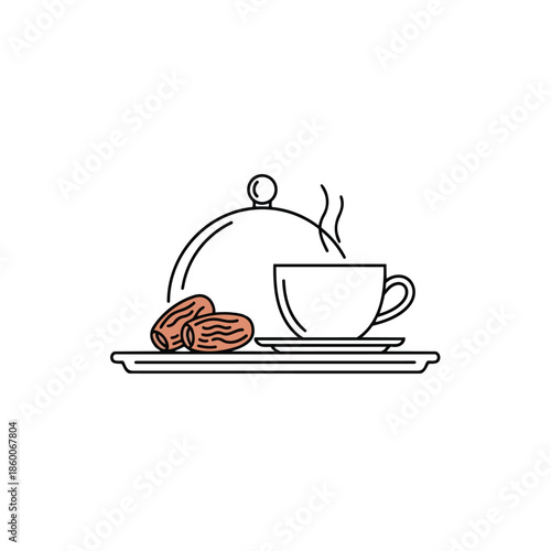 Elegant line art illustration of a steaming cup of coffee or tea served with two dates on a platter under a cloche symbolizing hospitality and a delightful refreshment moment