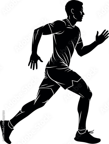 Dynamic black silhouette of a male runner or sprinter in full stride, capturing speed, energy, power, and athletic motion for fitness, marathon, competition, and running sport graphic design.