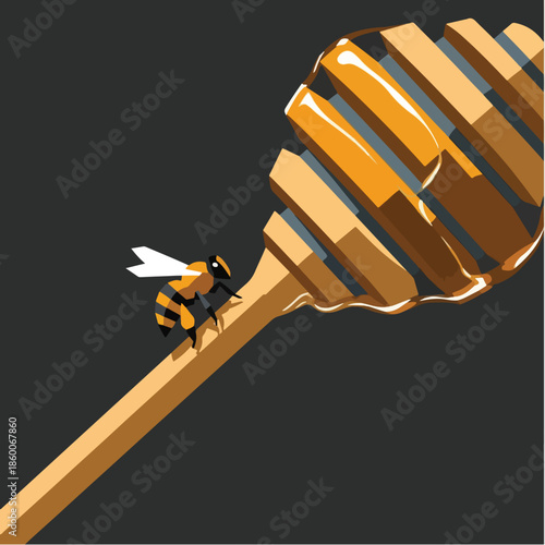 A single honeybee on a wooden honey dipper dripping with golden honey.