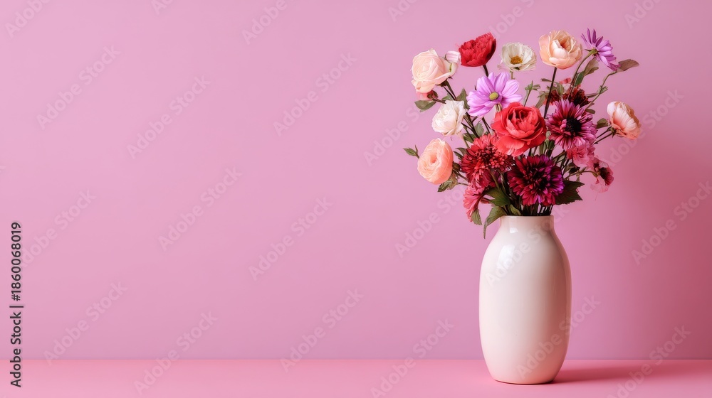 Naklejka premium Vibrant Bouquet Of Roses Dahlias Cosmos And Gerbera Daisies In White Ceramic Vase Against Solid Pink Background With Lush Colorful Arrangement