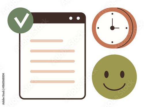 Checklist with green checkmark, clock showing time, and smiling face emphasizing efficiency, punctuality, achievement. Ideal for productivity, focus, organization, happiness success planning time