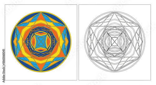 Abstract Colorful Sacred Geometry Design With Black and White Outline Comparison
