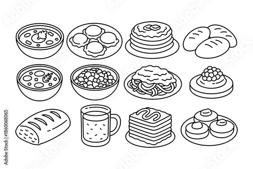 bean salad, dim sum, pancake with butter, buns, vegetable soup, pasta curry, waffle with berries, bread loaf, ice chocolate, lasagna, donut with cream outline icon element design set for restaurant