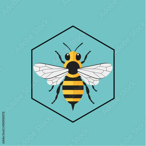 Stylized Bee Illustration Inside Hexagon Geometric Shape.