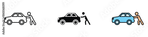 Pushing car icon vector. person pushing a broken-down car for assistance symbol. vector illustration.