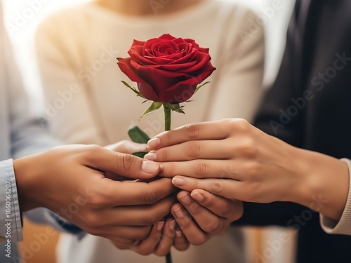 Gentle Hands Holding Dark Red Rose, Intimate Romantic Gesture, Love and Care Concept for Gifting and Connection