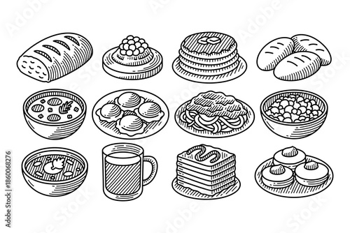 wheat bread, waffle with cream berries, pancake with butter melted, buns, soup, dim sum, spaghetti, bean salad, drink, lasagna, donut engraved line art icon symbol set for restaurant, cafes, bakery