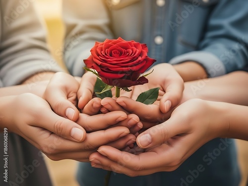 Gentle Hands Holding Dark Red Rose, Intimate Romantic Gesture, Love and Care Concept for Gifting and Connection