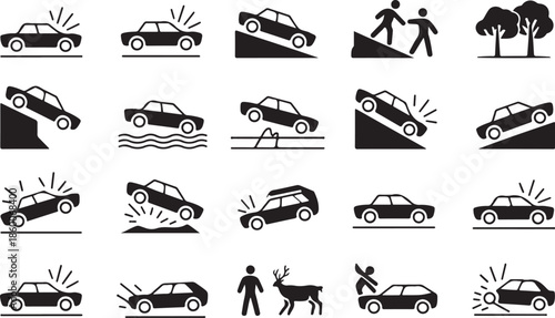 Car accident and safety icons in black and white color