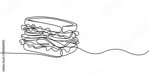 One continuous line drawing of fresh delicious sandwich restaurant, Fast food cafe shop concept. Modern single line draw design, vector graphic illustration.