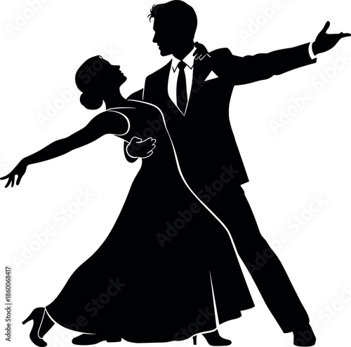 Elegant silhouette of a man and woman couple ballroom dancing the waltz or tango, showcasing romance, passion, and grace in a professional artistic dance performance, isolated vector illustration.