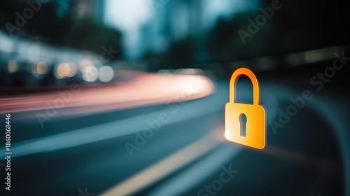 A glowing padlock symbol floats above a blurred roadway, representing digital security and the protection of data during transit, evoking a sense of caution and modern connectivity.