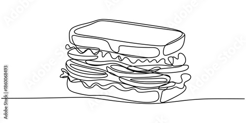 One continuous line drawing of fresh delicious sandwich restaurant, Fast food cafe shop concept. Modern single line draw design, vector graphic illustration.