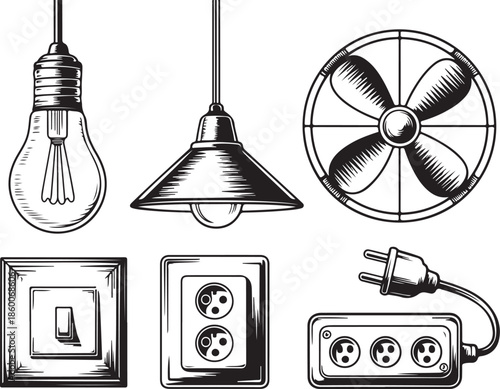 Electrical icons set including light bulbs and power outlets