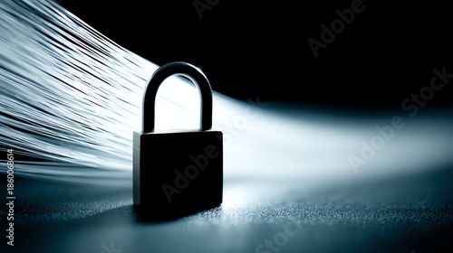 A sleek, dark padlock stands prominently against a blurred backdrop of flowing lines, symbolizing data security and the protection of information in a modern context.